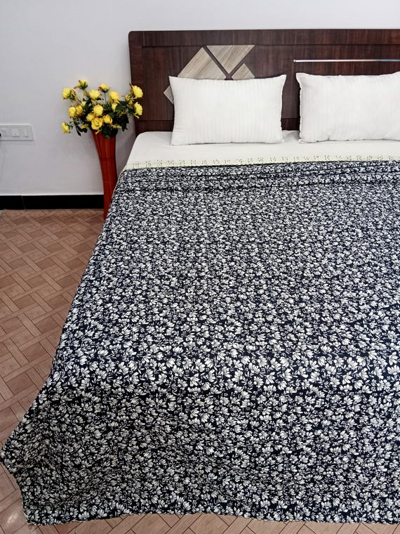 Floral Kantha Quilt, Handblock Print Cotton Bedspread, Hand Stitched Boho Bed Cover