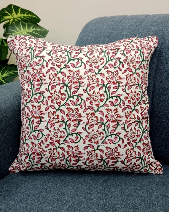 2 Pieces 16x16 inches Handblock print Floral Print Cushion Covers Cotton Fabric 1 pair 16x16 Inches Size Handblock print Natural Colour
