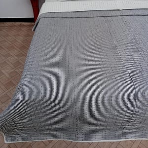 Handmade Indian Reversible Cotton Batting Jaipuri Quilt Striped and Solid Soft Cotton Kantha Quilt Warm Jaipuri Cotton Filled Batting quilt