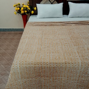 Striped Mustard Kantha Mustard Quilt Indian Handblock Print Bedding Bedspread Hand Stitched Neutral Colored Kantha Quilted Rare find quilt