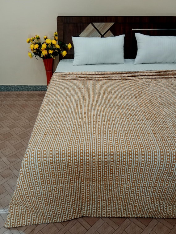 Striped Mustard Kantha Mustard Quilt Indian Handblock Print Bedding Bedspread Hand Stitched Neutral Colored Kantha Quilted Rare find quilt