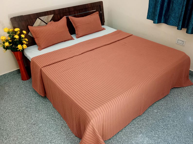 Reversible Jaipuri Razai: Soft Cotton Filled Kantha Quilt, Queen Size Quilt +2 Pillow Cover image 2