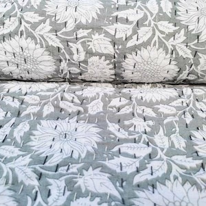 Grey Kantha Quilt Queen Sofa cover gray pattern gray kantha quilt queen  gray and white quilt handmade, grey bedspreads indian pattern Quilt