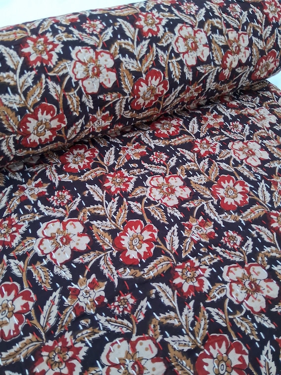 Indian Handblock Print Bedding Bedspread Full-size Queen Quilt Hand Stitched Quilt Netural Colored Kantha Quilted Rare find kantha quilt