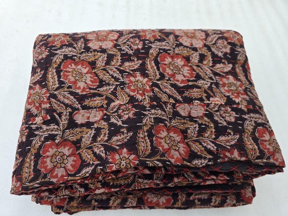 Black Floral Kantha Quilt: Hand-Stitched Indian Bedding