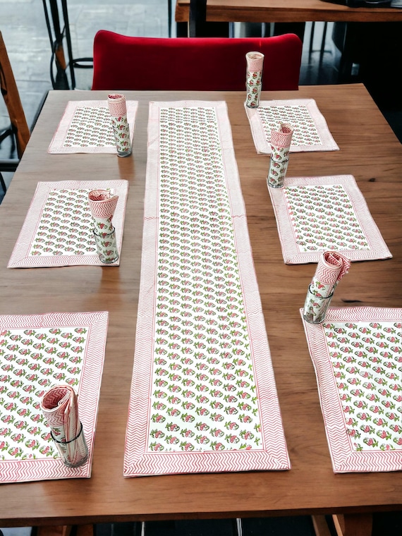 Hand Block Printed Premium Matching Runner With Napkins for 6 Seater with Premium Table Mat Set Hand Block Print