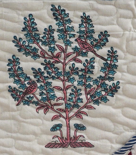 Quilt: Handblock Floral Print, Queen Size Quilt Ac Blanket