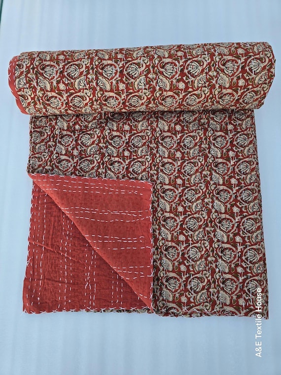 Hand Block Print Kantha Quilt: Floral Indian Cotton Bedding