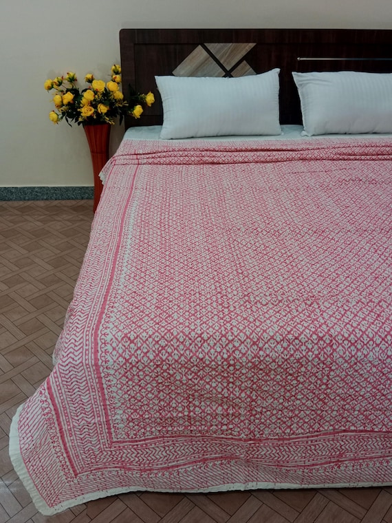 Pink artistry kantha quilt quilt Handblocked Pink and White Handmade Kantha Indian cotton handmade making quilt bedding bedspread kantha