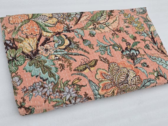 Peach Floral Kantha Quilt: Hand-Stitched Indian Cotton Bedspread