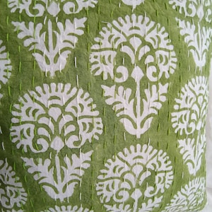 Indian Green Floral Handblock Print Bedding Bedspread Full-size Queen Quilt Hand Stitched Quilt NaturalColored Quilt Rare find kantha quilt
