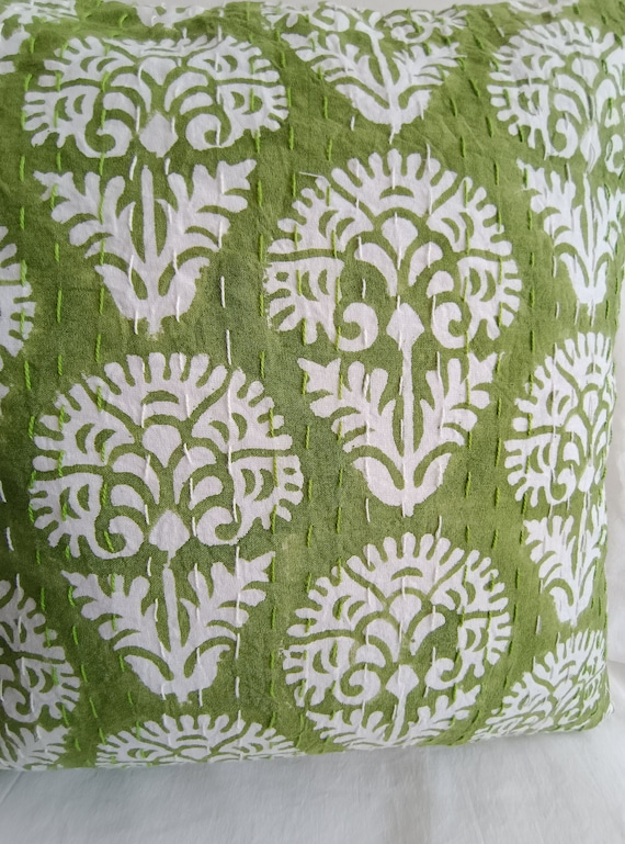 Indian Green Floral Handblock Print Bedding Bedspread Full-size Queen Quilt Hand Stitched Quilt NaturalColored Quilt Rare find kantha quilt