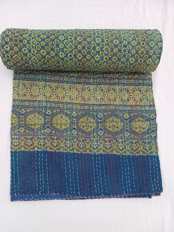 Ajrak or Ajrakh is a unique block printed textile. It displays special traditional designs and patterns Ajrak Vintage design kantha quilt
