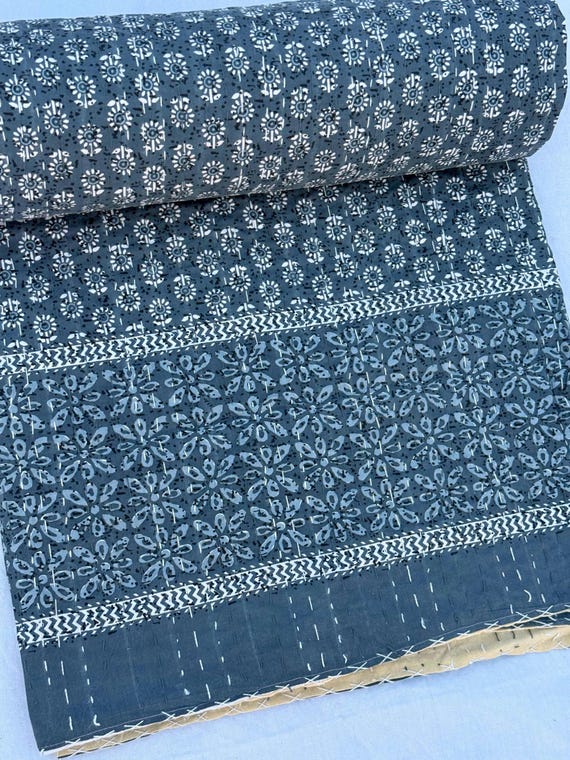 Ajrak Print Kantha Quilt: Vintage Block Printed Cotton Bedding