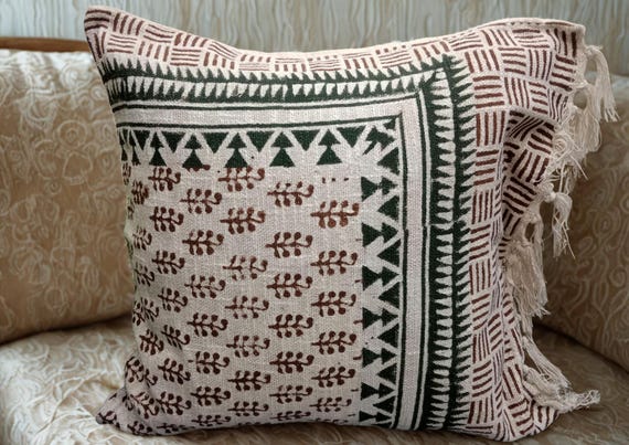Hand Block Print Pillow Cover: Handmade Cotton Fringe Cushion Pillow Cover 20x20