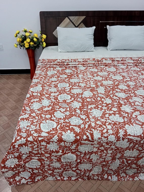 Hamdmade cotton Kantha Quilt Handblock Print floral Kantha Indian Netural Colour Indian inspired Bedding Hand Stitched Rural Quilted