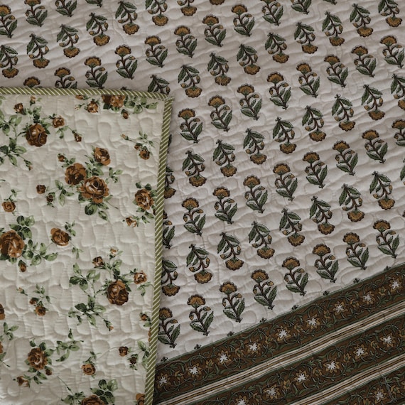 Quilt: Handblock Floral Print, Queen Size Quilt Ac Blanket