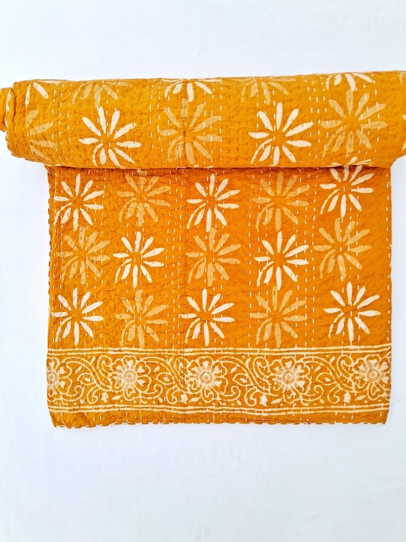 Mustard Leaf kantha quilt bedspread queen size quilt Indian kantha throw Kantha Block Printed Kantha Blanket Indian kantha quilted bedding