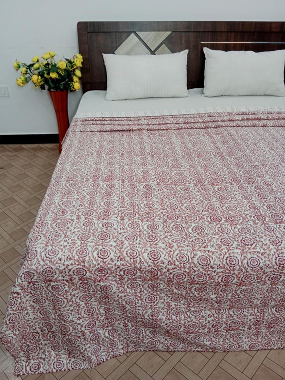 Floral Handblock Print Kantha Quilt: Indian Cotton Bedding