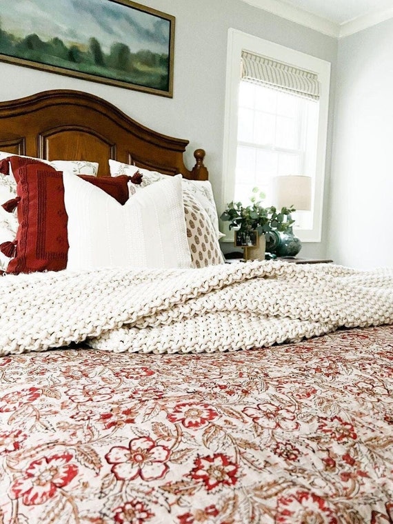 Amanda Kantha Quilt Handblock Print floral Bliss Design Kantha Indian Netural Colour Indian inspired Bedding Hand Stitched Rural Bedspread