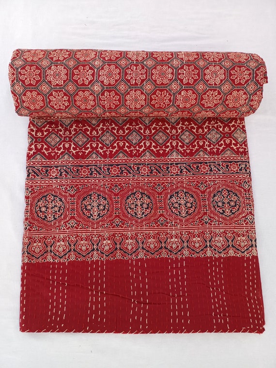 Ajrak or Ajrakh is a unique block printed textile. It displays special traditional designs and patterns Ajrak Vintage design kantha quilt