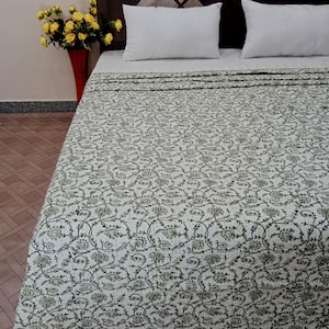 Green floral Kantha Quilt Handblock Print floral Netural Color Green floral Kantha Quilt green cotton quilts queen size green