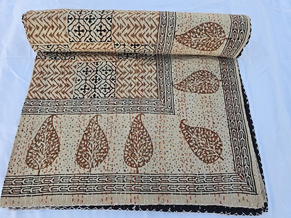 Kantha Quilt Bedding Hand Block Print Floral Blanket, Indian Natural Color, Hand-Stitched Rural Kantha Bedding, Ethnic Home Décor Style