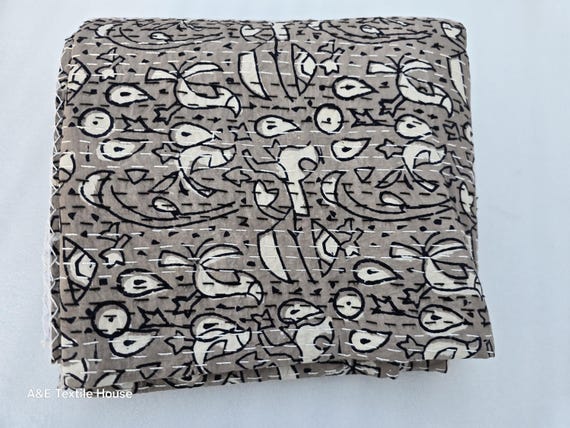 Kantha Quilt Bedding Hand Block Print Floral Blanket Indian Natural Color, Hand-Stitched Rural Kantha Bedding, Ethnic Home Décor Style