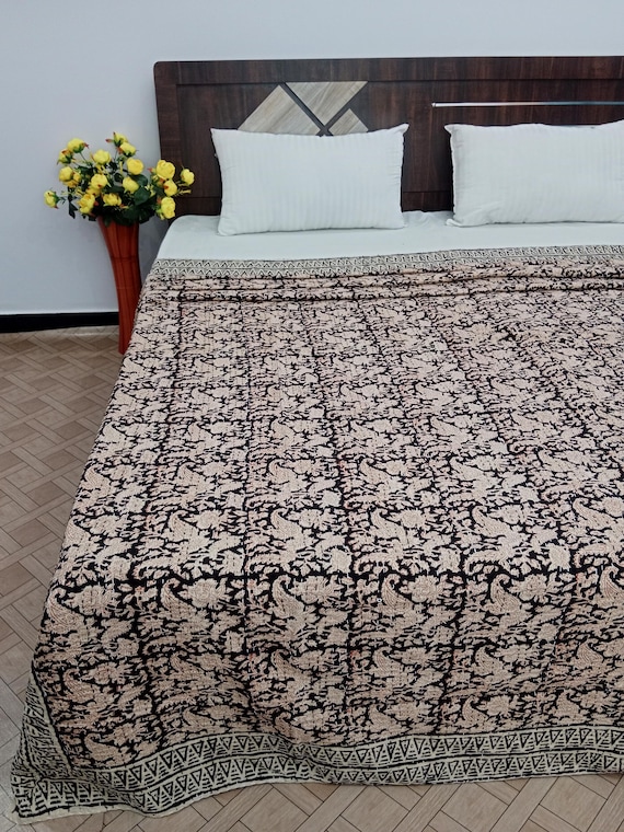 Hand Block Print Kantha Quilt: Floral Indian Cotton Bedding