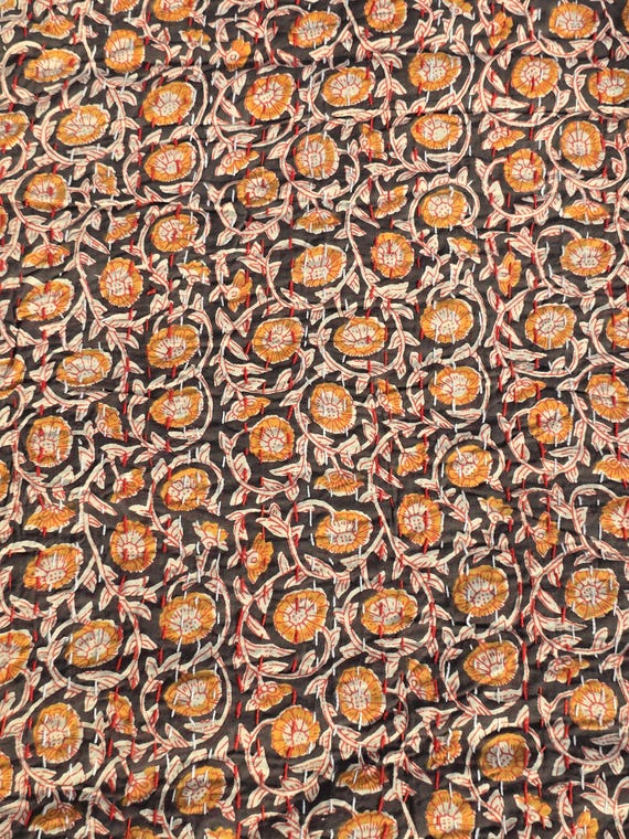 Handmade Floral Kantha Quilt: Indian Block Print Cotton Bedspread
