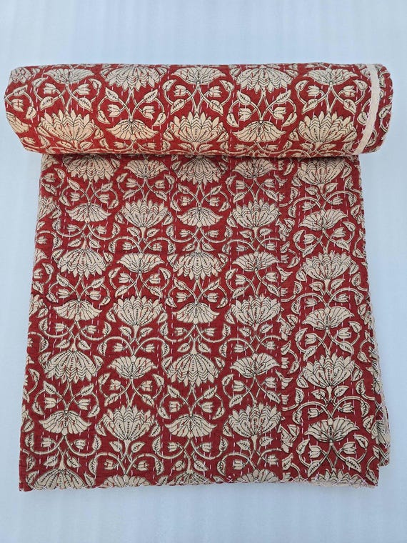 Reversible Kantha Quilt Bedding Hand Block Print Floral Blanket Indian Natural Color, Hand-Stitched Rural Bedding, Ethnic Home Décor Style