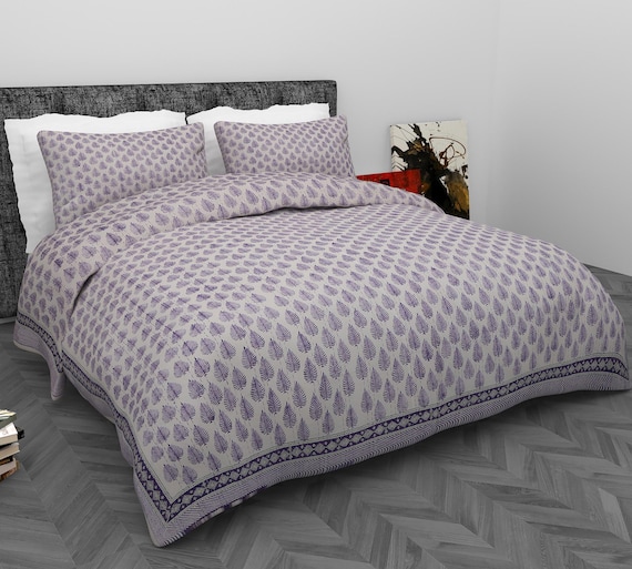 Purple Floral Kantha Quilt: Indian Cotton Bedspread