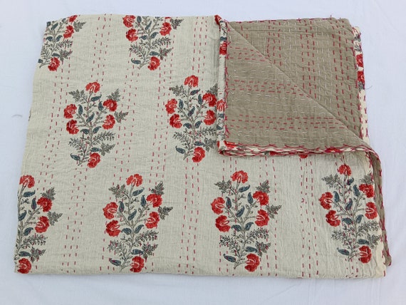 Floral Block Print Kantha Quilt: Handmade Indian Cotton Bedspread