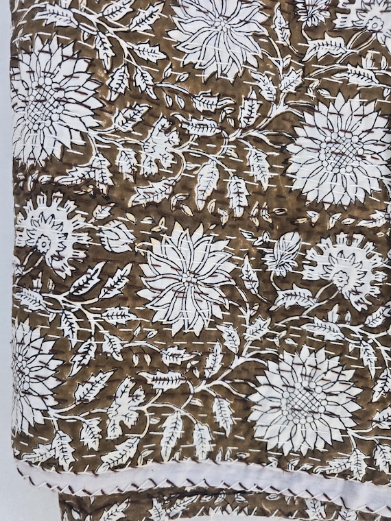 Block Print Kantha Quilt: Brown Floral Throw Blanket Indian Cotton Bedding