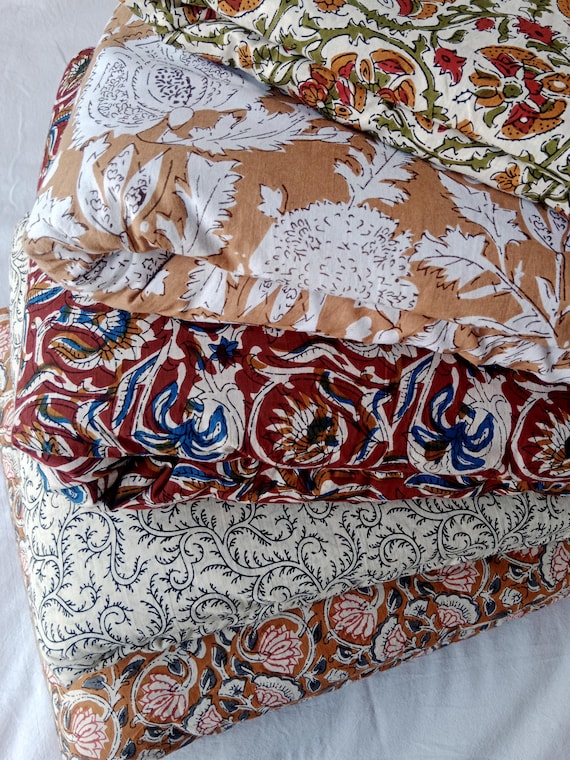 Floral Print Hand Block Printed Cotton Fabric: Lightweight Upholstery & Crafting Block Print Fabric