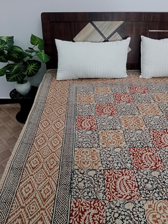 Hand Block Print Kantha Quilt: Floral Indian Cotton Bedding Rare Find, Only 2 pieces Available