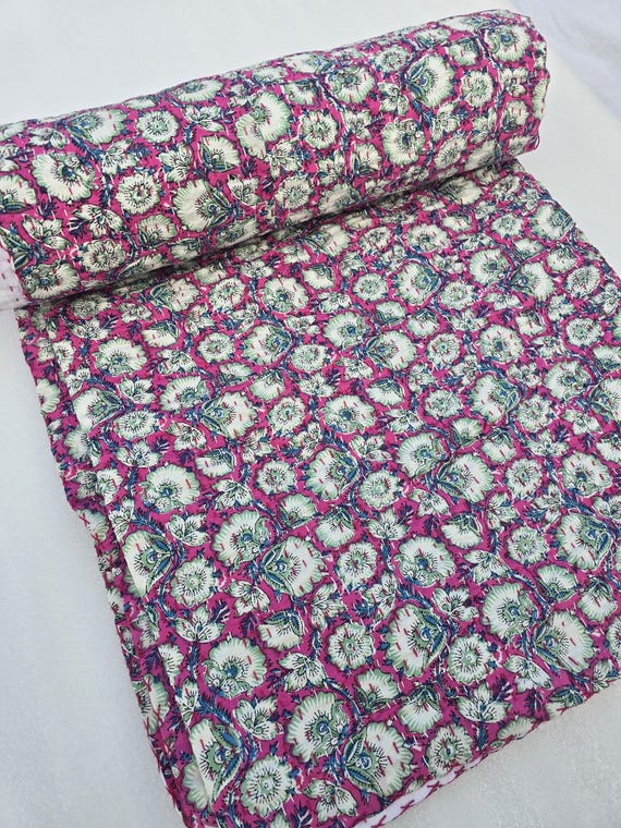 Hand Block Print Kantha Quilt: Floral Indian Cotton Bedding