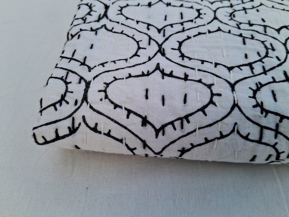 Black and White Kantha Quilt HandBlock Print Kantha Throw Indian Kantha Cotton Light Weight Quilt Summer Blanket Bedspread Full Size Quilt