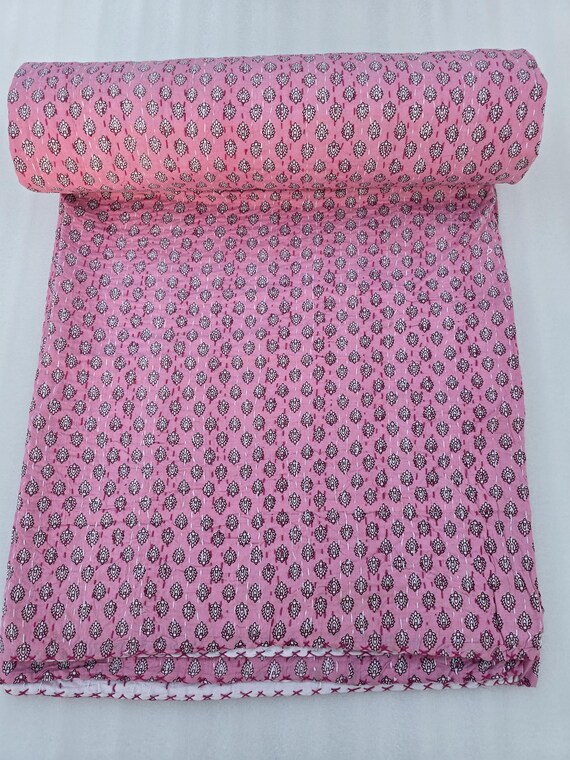 Kantha Quilt Bedding Hand Block Print Floral Blanket Indian Natural Color, Hand-Stitched Rural Kantha Bedding, Ethnic Home Décor Style