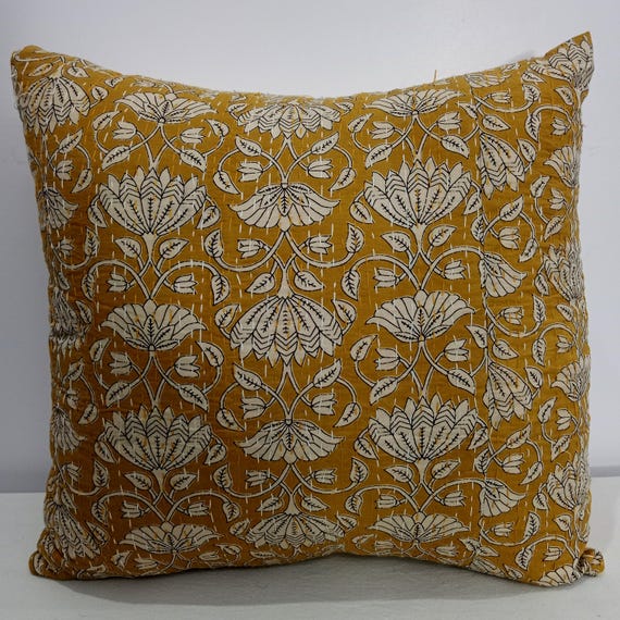 Cushion Cover Kantha Pillow Cover, Floral Hand Block Print Cotton Cushion Ethnic Decor, Boho