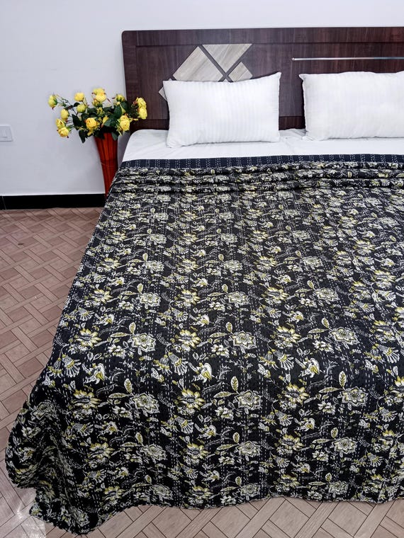 Floral Hand Block Print Kantha Quilt - Indian Inspired Bedspread
