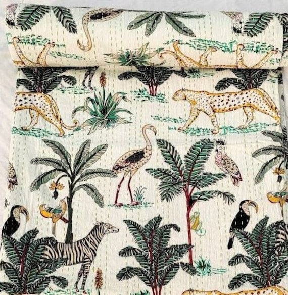 Green Jungle Print Kantha quilt Popular Children Favorite Green Kantha quilt Wild Jungle Print quilt