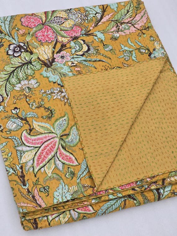 Floral Kantha Quilt: Hand-Stitched Indian Cotton Bedspread