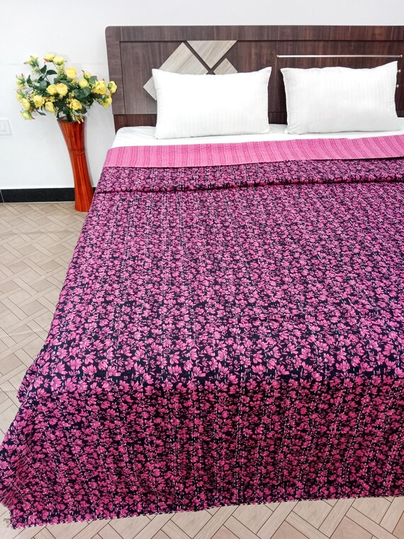 Handmade Kantha Quilt, Vintage Floral Block Print Bedding Vintage Bedding Quilt Gorgeous Quilt that has the Perfect Vintage look