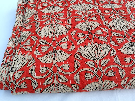 Red Floral King Size Kantha Quilt, Handblock Indian Print