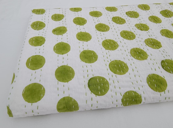 Polka Dot Green colour Polka Dot Kantha Quilt Green  thorw Indian HandBlock Print Bedding Bedspread Full size Polka Dot Green