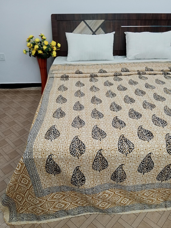 Hand-Stitched Kantha Quilt: Floral Block Print, Natural Cotton Bedding