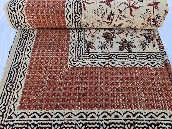Indian floral Kantha Quilt Handblock Print floral Kantha Netural Colour Indian inspired Bedding Hand Stitched Rural Quilted Bedding kantha