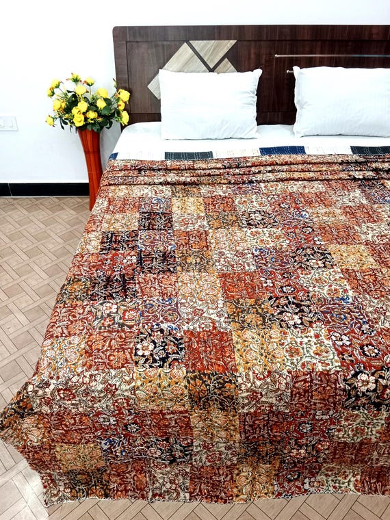 Assorted Patchwork Kantha Quilt Handblock Print floral Kantha  Indian Netural Colour Indian inspired Bedding Hand Stitched Rural Quilted