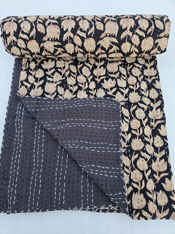 Handmade Jaipuri Kantha Quilt: Indian Block Print Cotton Coverlet